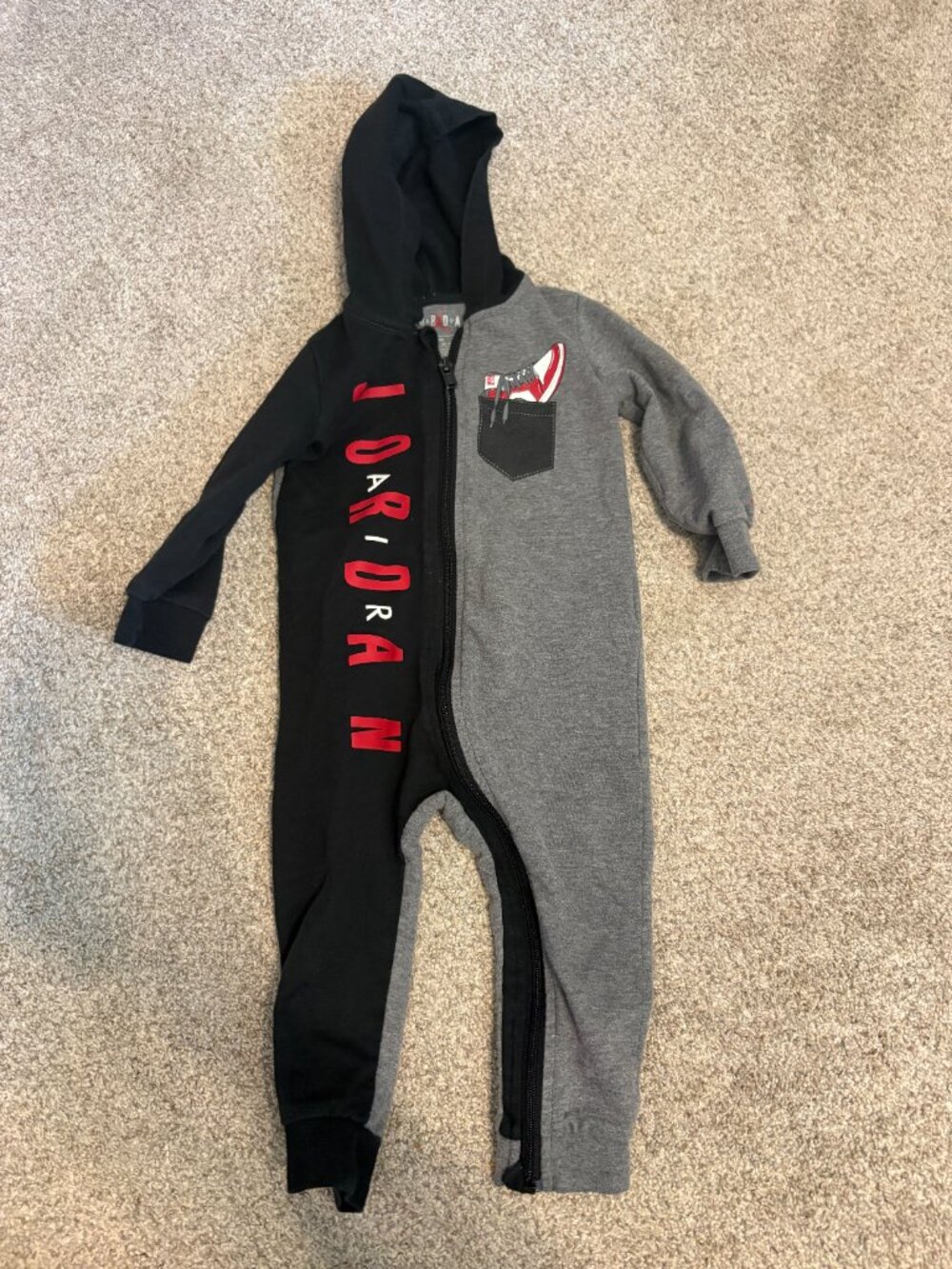 Air Jordan Grey Black One Piece Sweatsuit Hooded 18 Months
